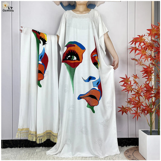 2024New Abaya Loose Short Sleeve African Dashiki Pattern Printing Soft Cotton Woman Elegant Maxi Islam Lady Dress With Big Scarf