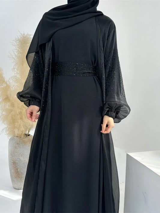 Puff Sleeve Abaya & Inner Dress Muslim 2 Piece Set for Women Eid Dress Ramadan Lace-up Abaya Islam Cardigan Dubai Arab Long Robe