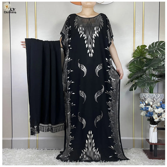 New African Summer Femme Short Sleeve Dress Cotton Gilding Dubai Kaftan Islam Women Dress With Big Scarf Loose Casual Clothes